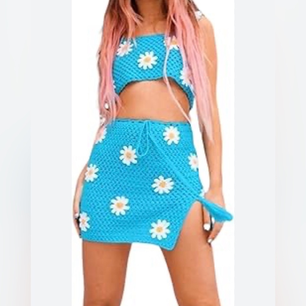 Blue Crochet Daisy Two-Piece Set